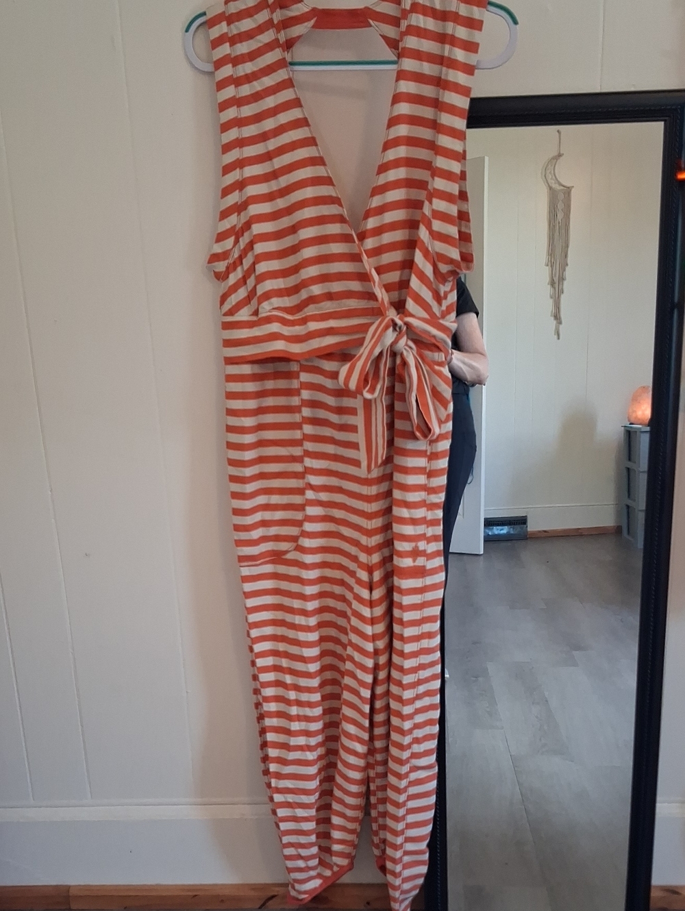 Free People Striped Orange and Cream Wrap Tie-Waist Jumpsuit Open Back Like New